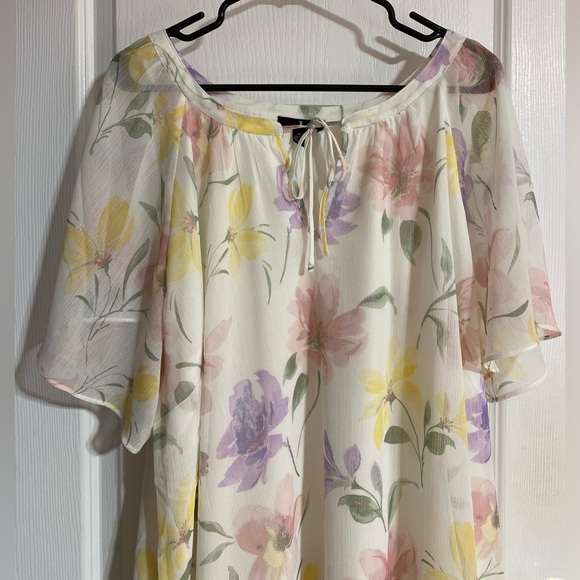Jules & Leopold Floral Sheer Font Keyhole Tie Inner Liner Short Sleeve Blouse 3X - Picture 2 of 11